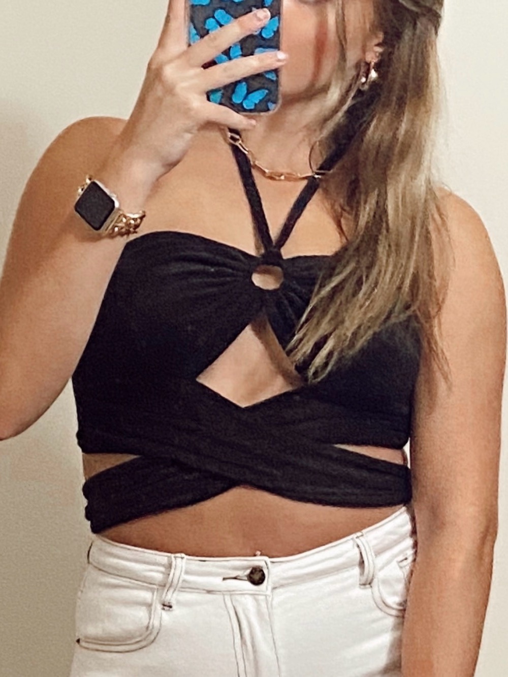 Black Strappy Cutout Crop Top - Women's